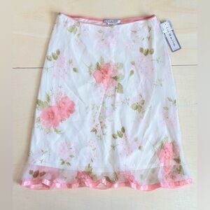 VTG La Belle Floral Mesh Midi Skirt Ruffle Hem Pink White Size 11 Coquette
